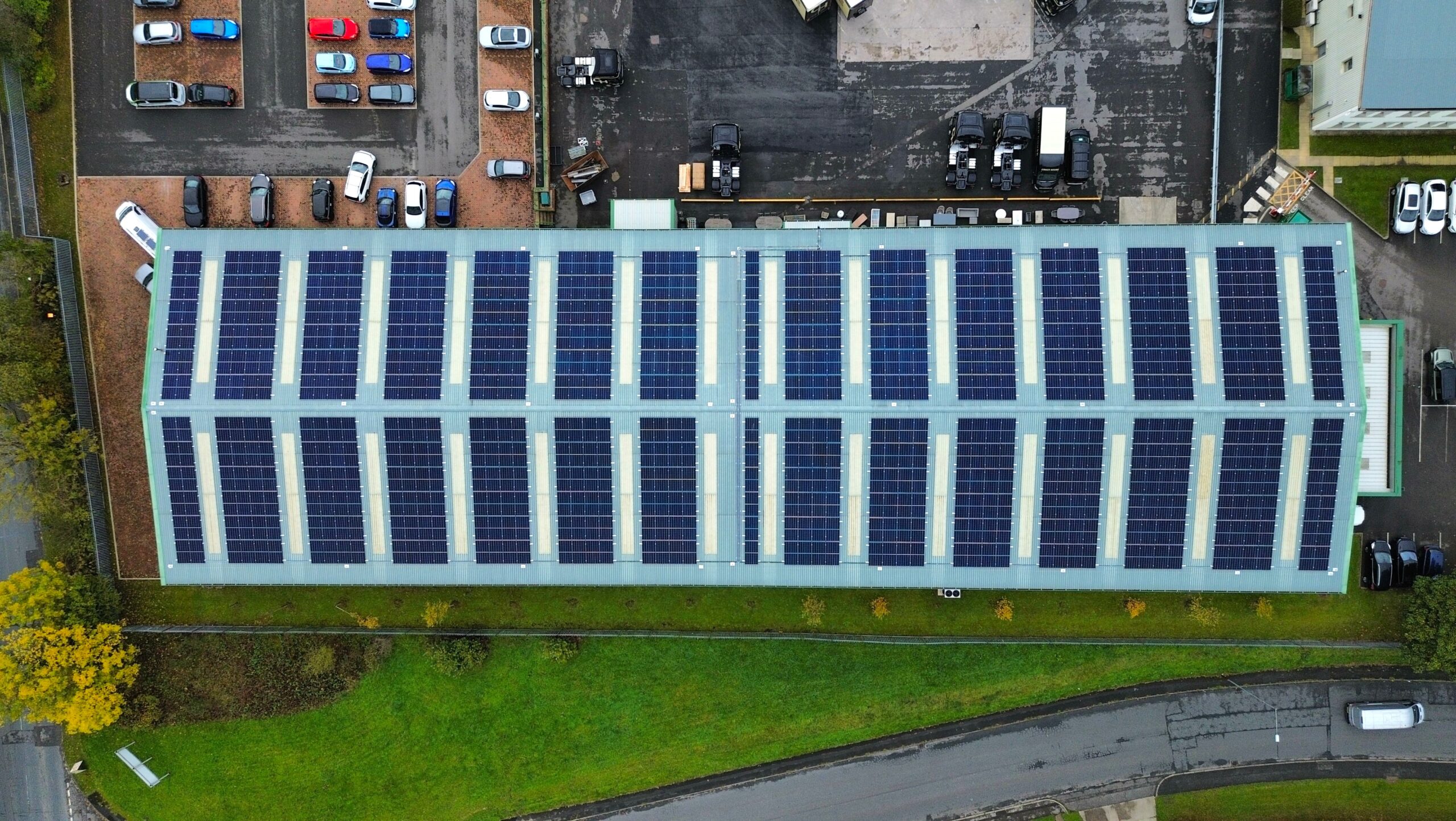 Ariel shot of solar panels on full roof of Coach House