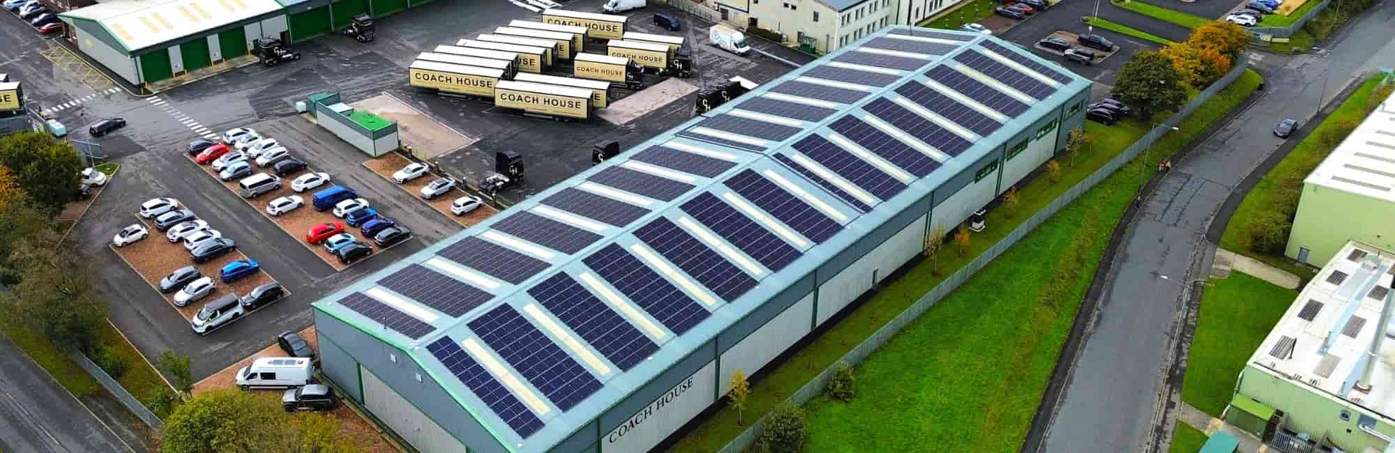 Ariel drone shot of solar panels on Coach House