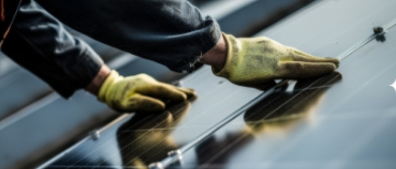 Commercial solar installer with hands on solar panel